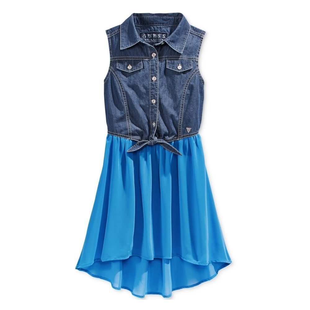 New! GUESS Girls' Tie-Front Denim & Chiffon High-Low Dress Blue Size Large (14)